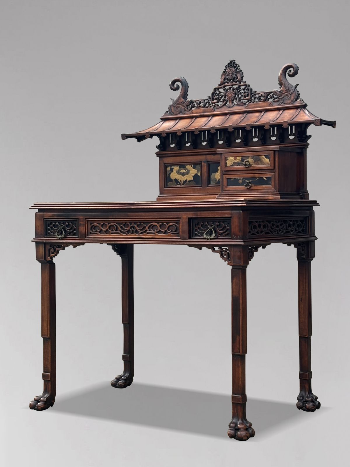 19th Century Chinese Chippendale Carved Pagoda Top Writing Table photo furniture