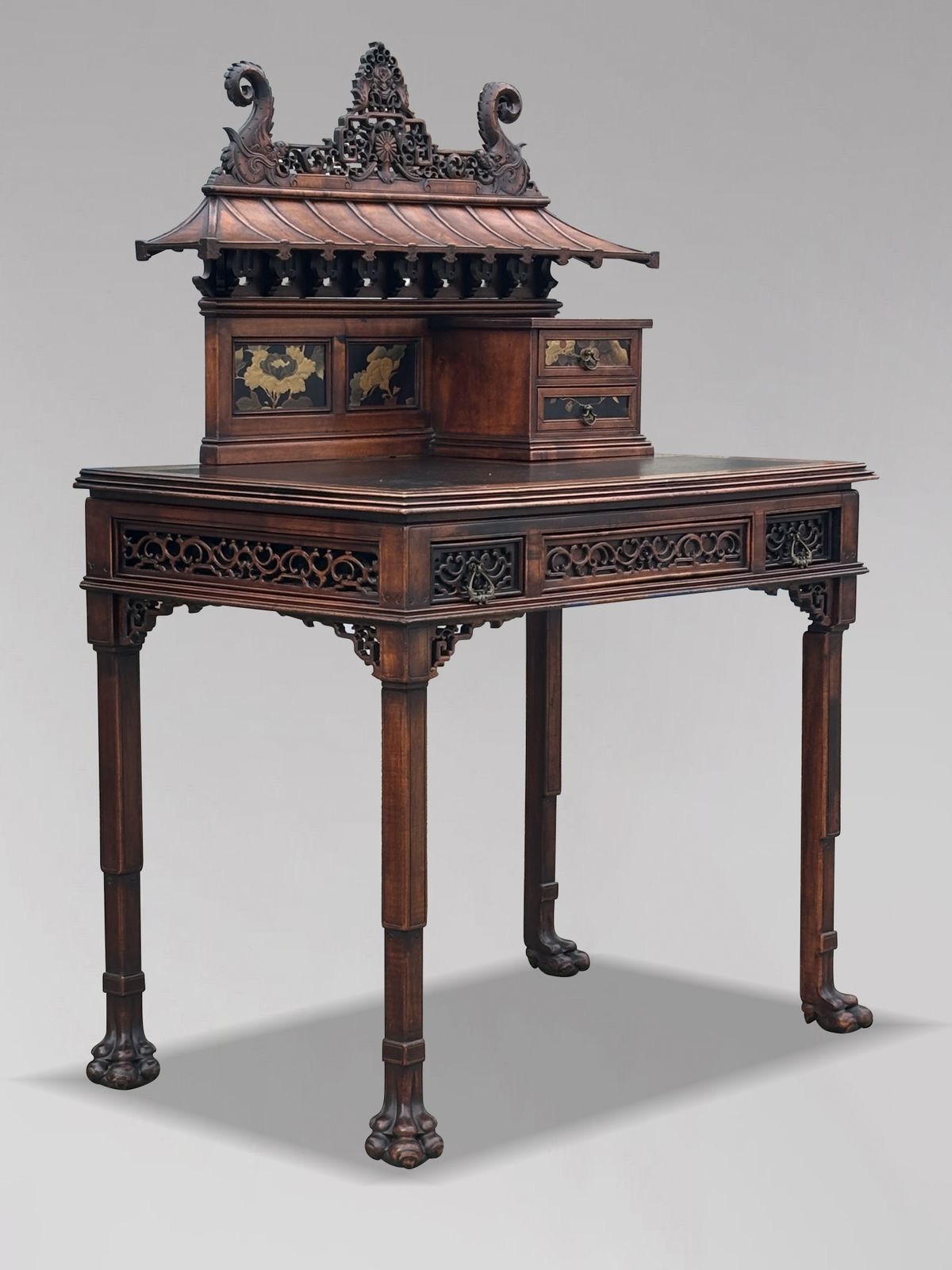 19th Century Chinese Chippendale Carved Pagoda Top Writing Table photo 3600.0