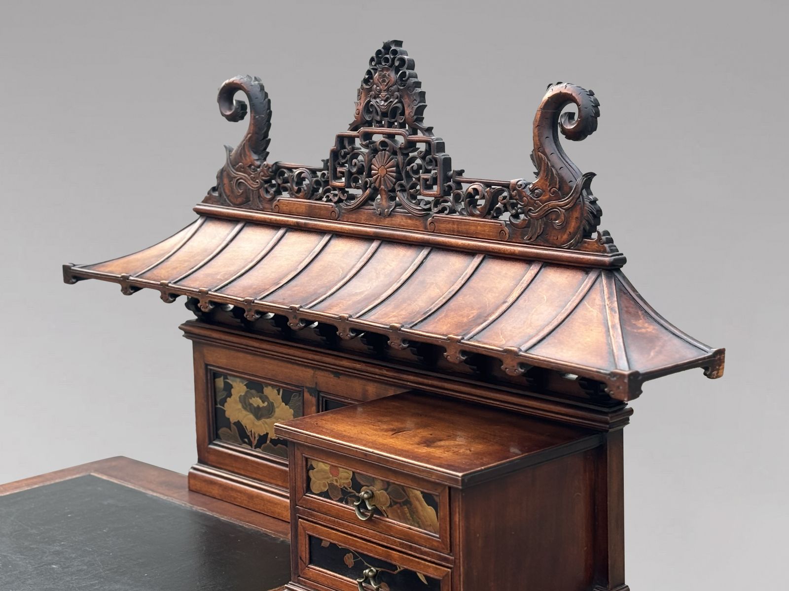 19th Century Chinese Chippendale Carved Pagoda Top Writing Table photo vinterior