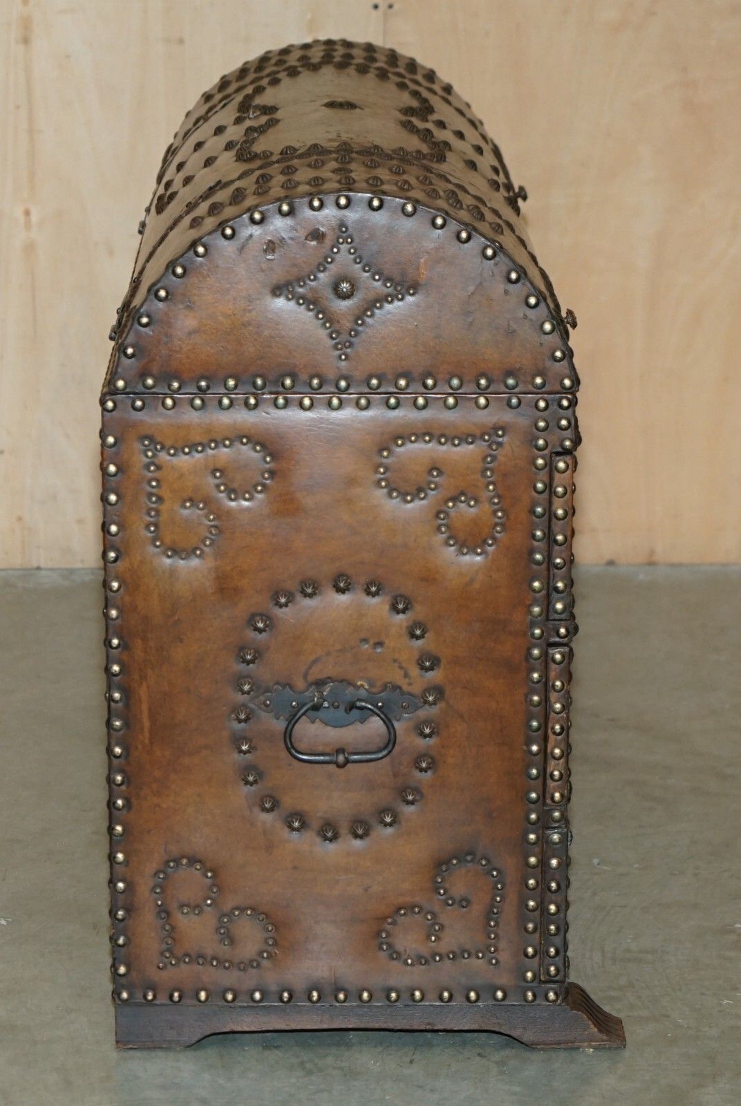 photo for sale Antique Spanish Leather Domed Top Armorial Crest Coat Of Arms Chest Of Drawers