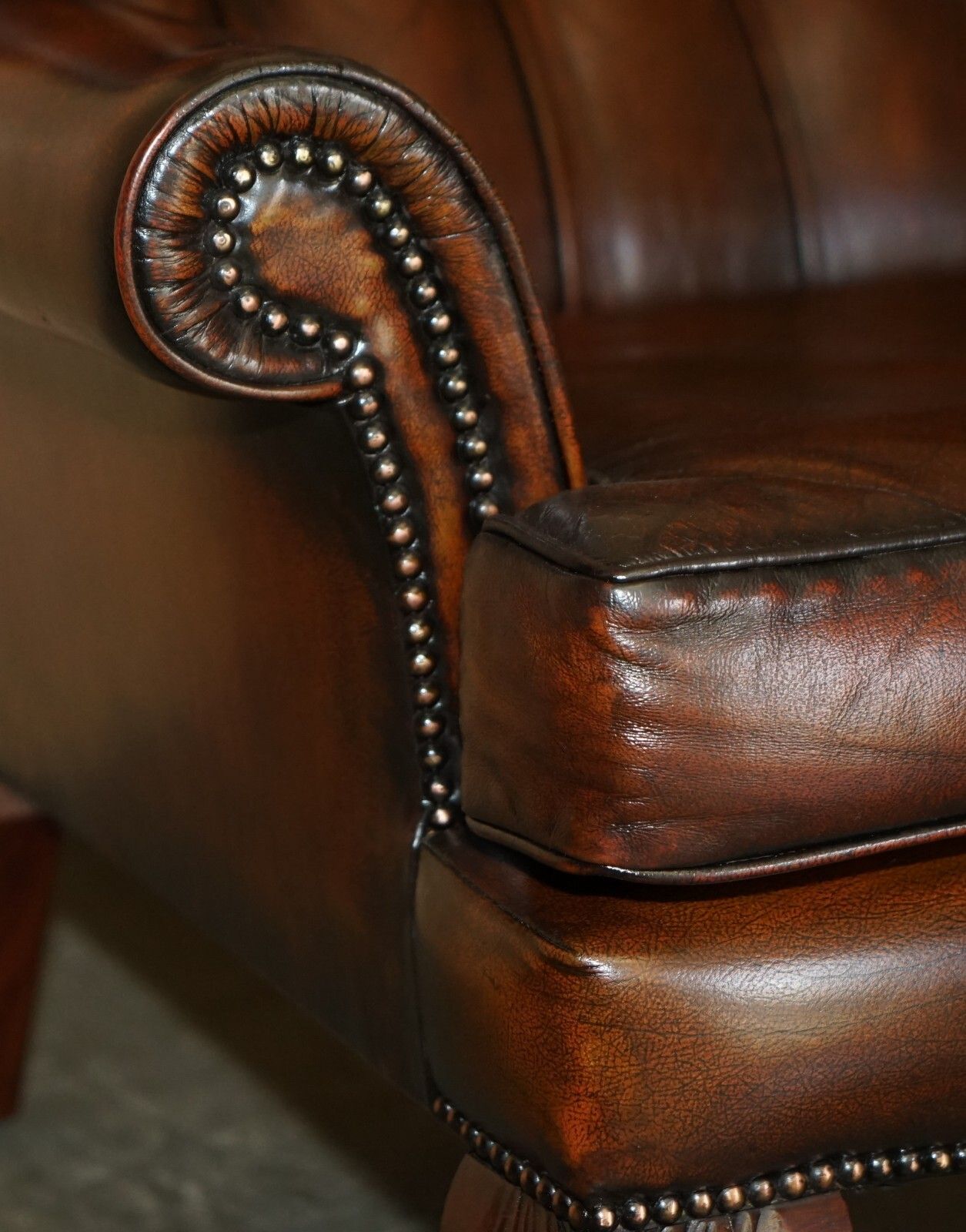 photo for sale Pair Of Claw & Ball Feet Chesterfield Tufted Brown Leather Wingback Armchairs