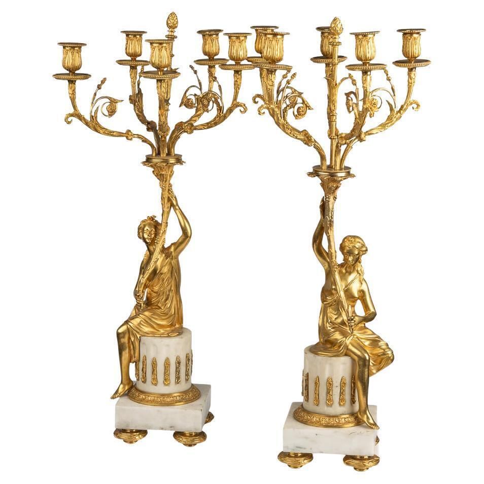 19th Century French Pair Of Louis XVI Style Ormolu Five Light Candelabra C.1880