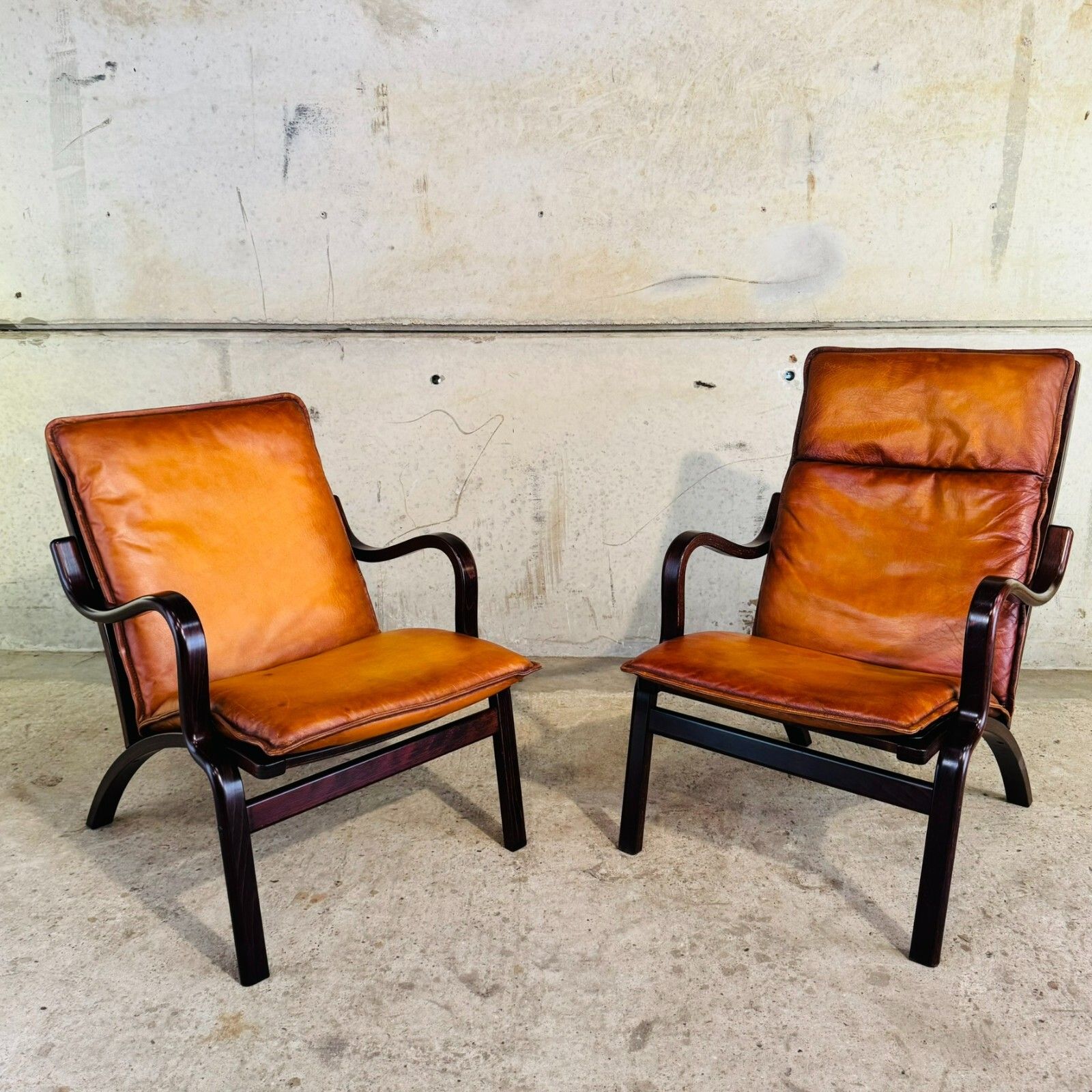 Vintage Stouby Danish His & Hers Bentwood Light Tan Leather Chairs #A521