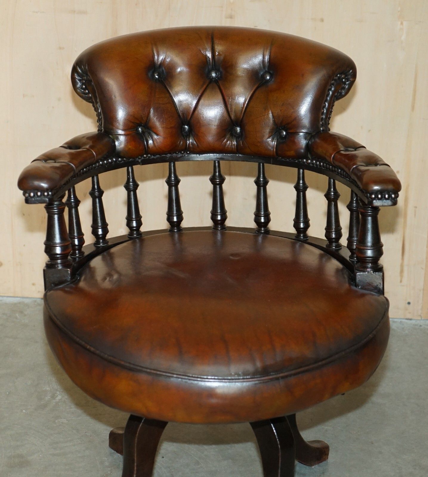Antique Victorian Fully Restored Brown Leather Chesterfield Captains Chair photo for sale