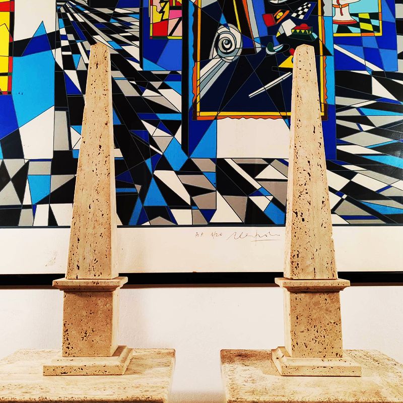 1960s Stunning Pair Of Large Obelisks In Hand Carved Italian Travertine. Made In Italy   50 Cm H   19.68 H Inches. photo furniture