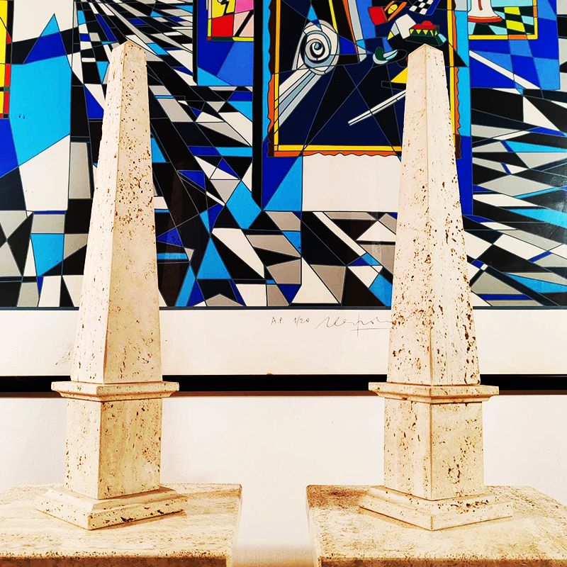 1960s Stunning Pair Of Large Obelisks In Hand Carved Italian Travertine. Made In Italy   50 Cm H   19.68 H Inches. photo for sale