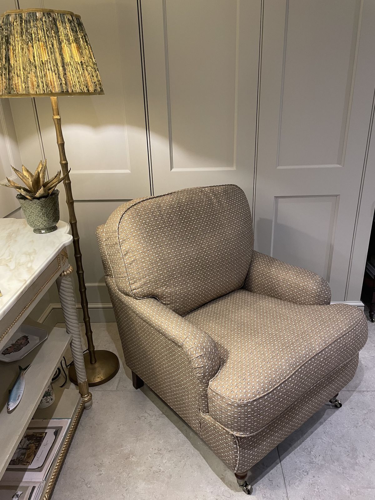 George Smith Style Armchair Professionally Upholstered In Warner House Fabric.
