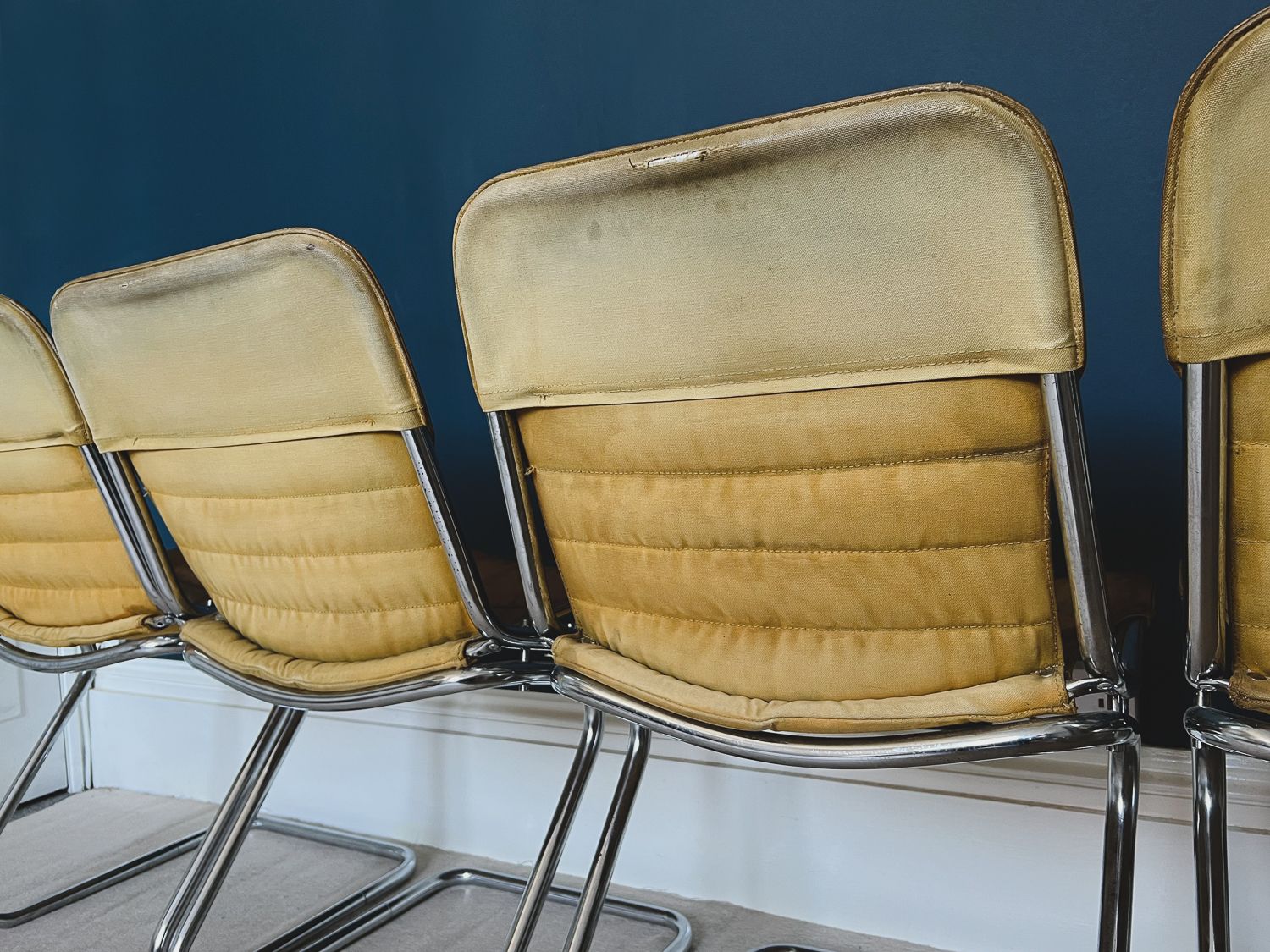Furniture Set Of Four Italian Tan Leather And Chrome Chairs photo