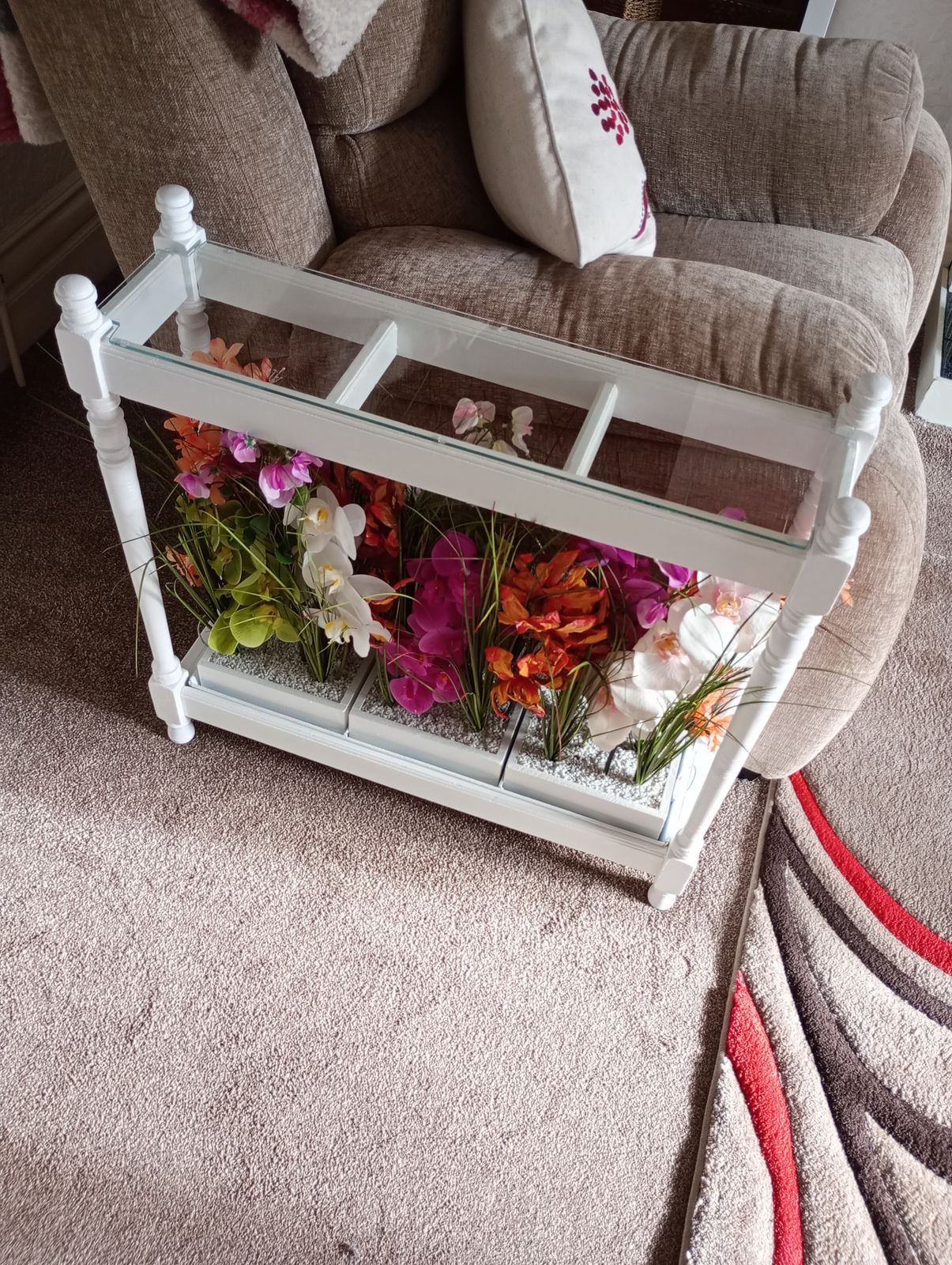 Upcycled Glazed Table Faux Flower Display In Satin White Paint Finish. photo for sale