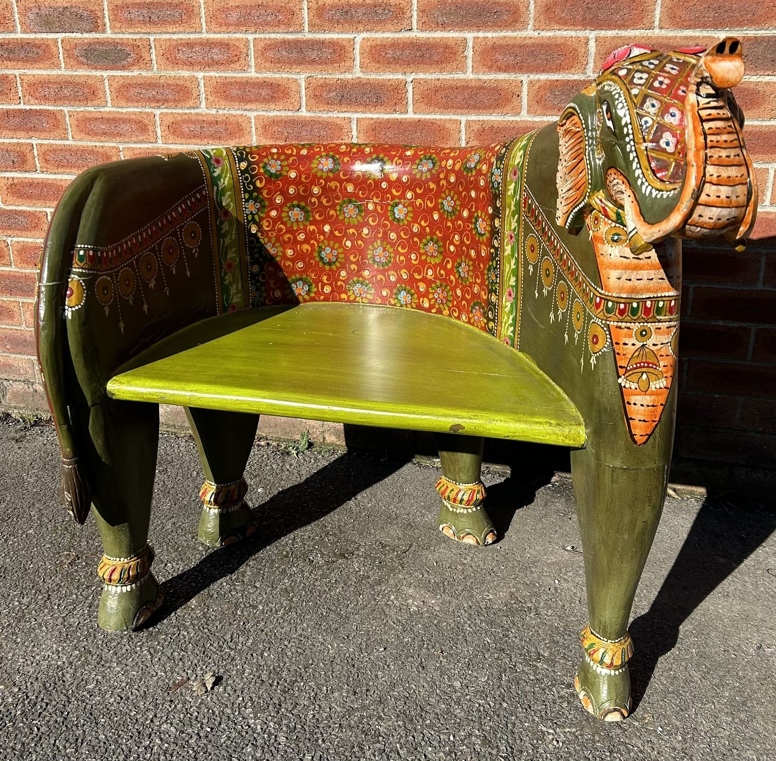 Carnival Vintage Unique Indian Hand Painted Folk Art Large Elephant Bench Seat photo furniture