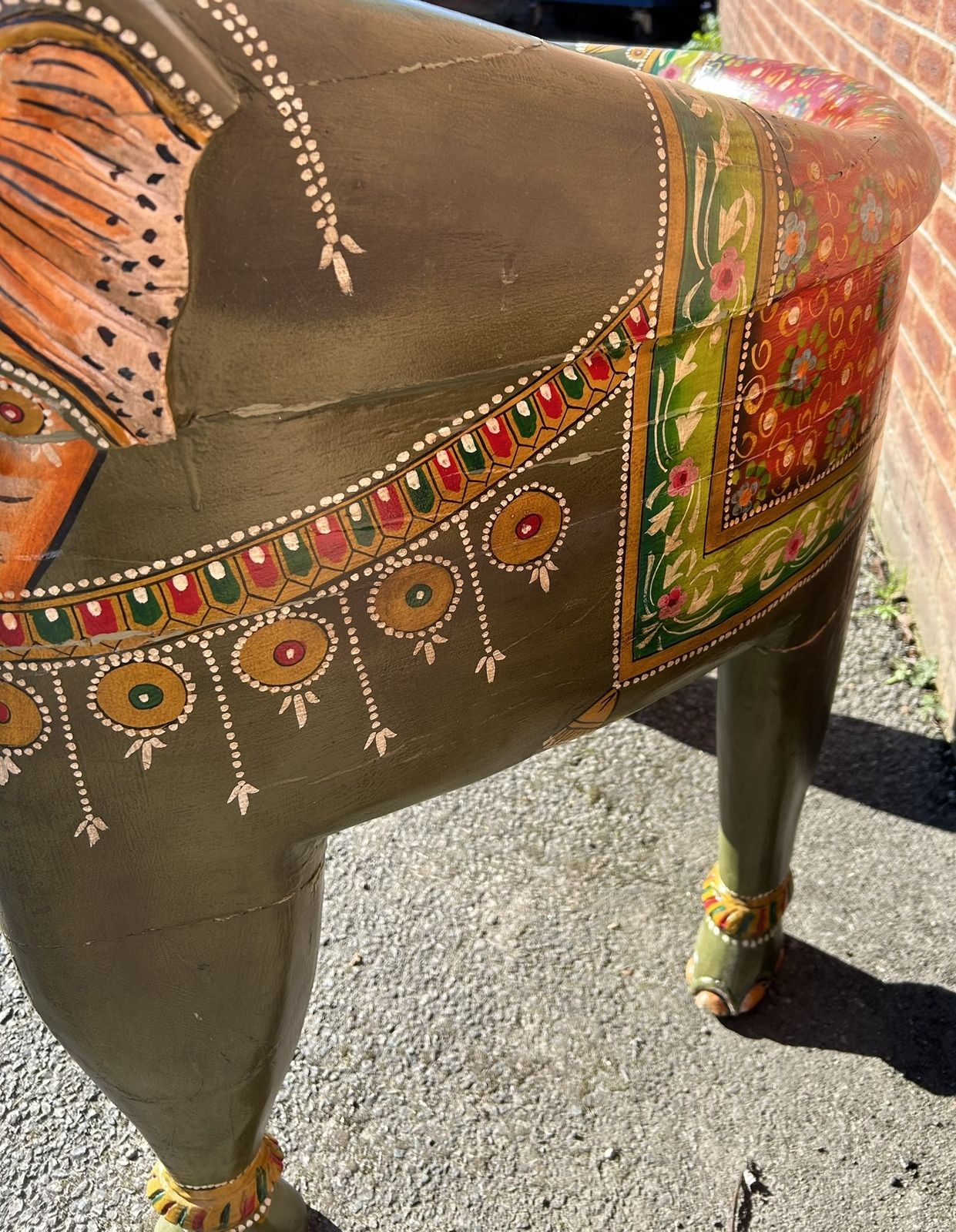 350.0 Carnival Vintage Unique Indian Hand Painted Folk Art Large Elephant Bench Seat photo