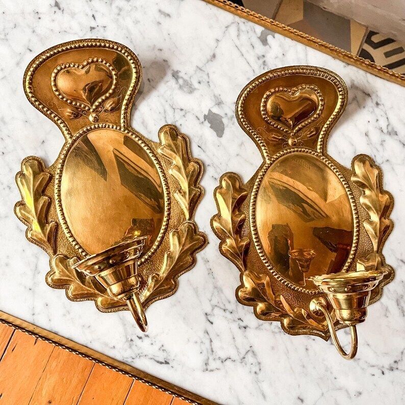 A Pair Of Swedish Brass Heart Candle Sconces