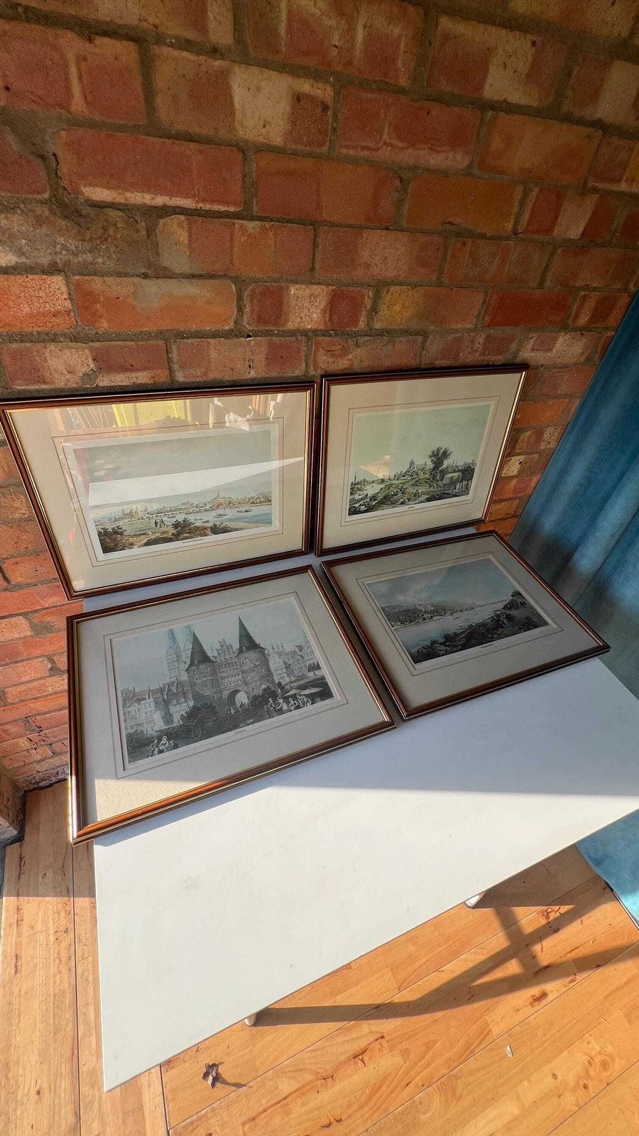 Set Of Four Mid Century Framed Pictures Of Antique German City Etchings