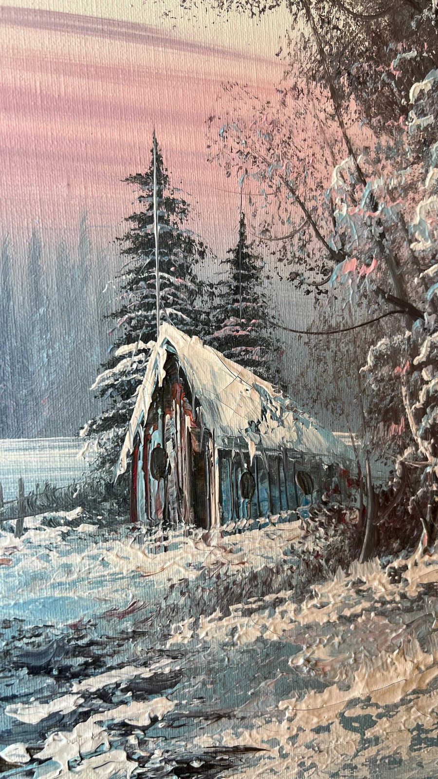 Signed Oil Painting – Serene Winter Landscape With Snow Covered Trees And Cabin photo vinterior