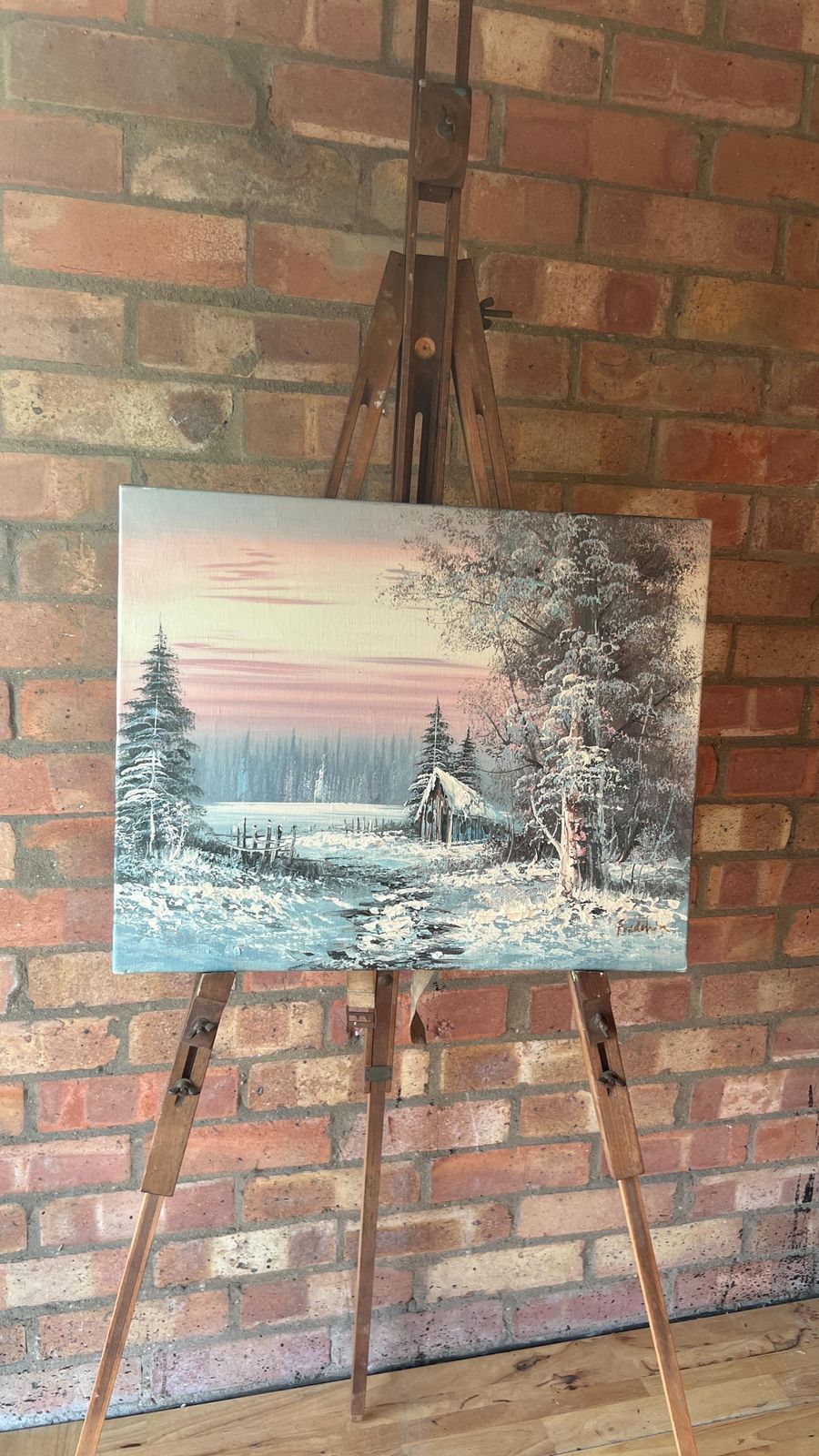 Signed Oil Painting – Serene Winter Landscape With Snow Covered Trees And Cabin photo vintage