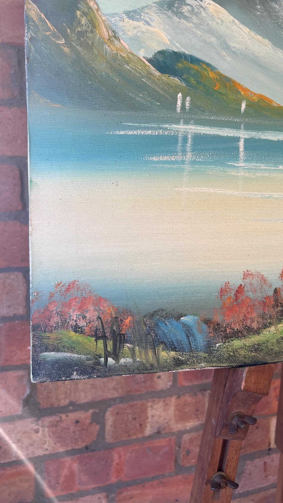 Signed Mid Century Oil Painting – Idyllic Mountain & Lakeside Scene photo for sale