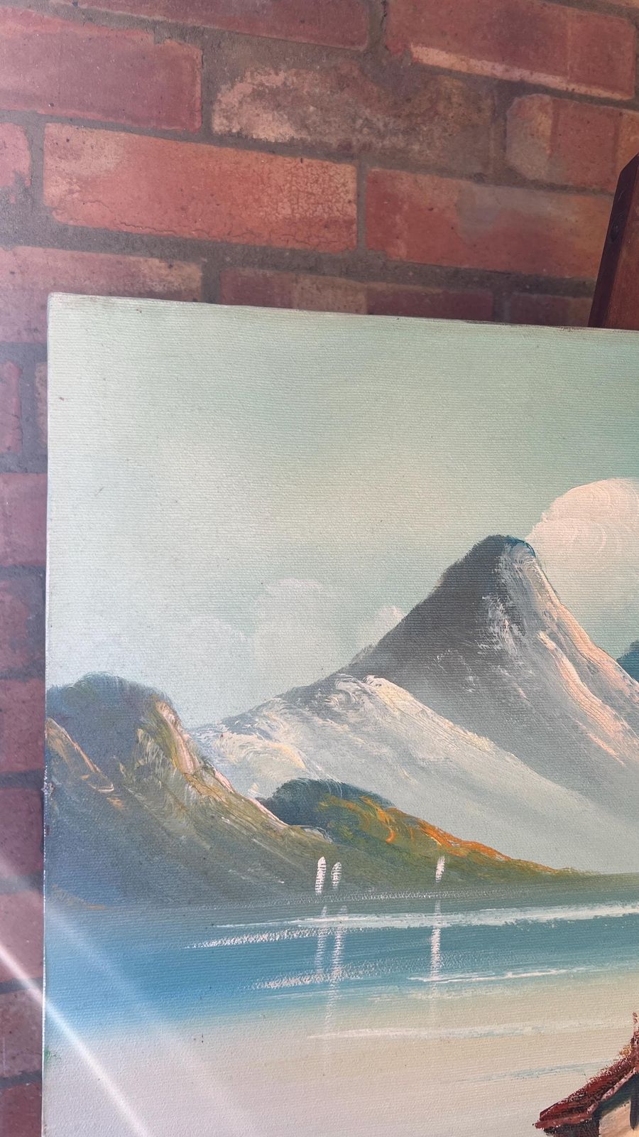 Signed Mid Century Oil Painting – Idyllic Mountain & Lakeside Scene photo Art