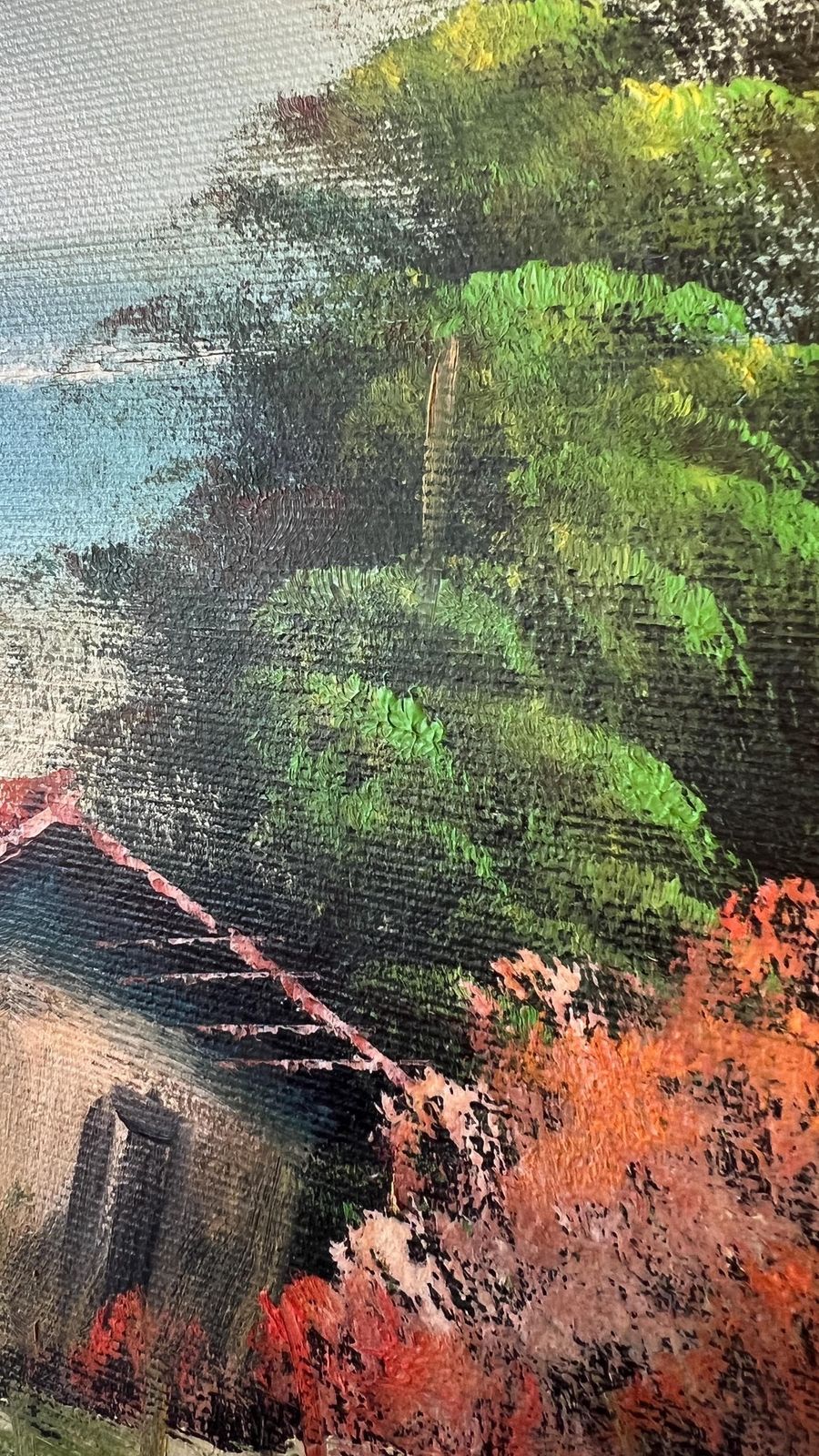 Signed Mid Century Oil Painting – Idyllic Mountain & Lakeside Scene photo vintage