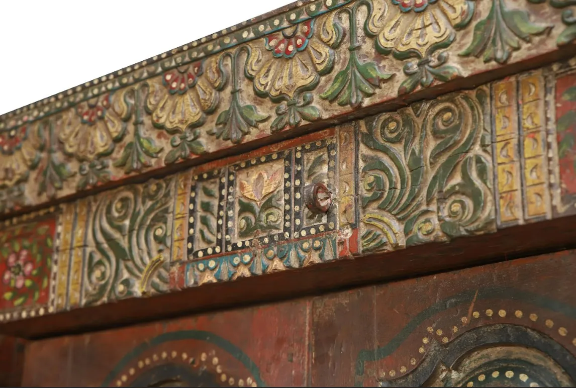 Antique 18th Century Rajasthani Painted Door With Frame – Miniature Artwork, Lotus Carvings & Iron Bolt photo buy