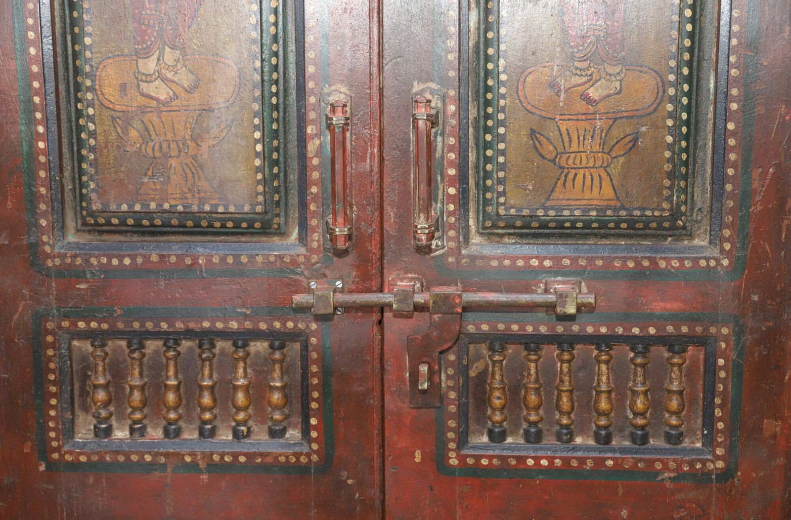 Antique 18th Century Rajasthani Painted Door With Frame – Miniature Artwork, Lotus Carvings & Iron Bolt photo vintage