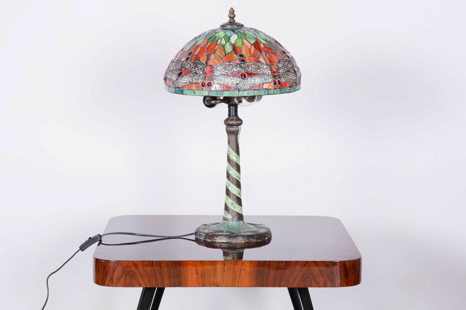 photo furniture Original Art Deco Table Lamp, Enameled Bronze, Glass Shade, France, 1970s