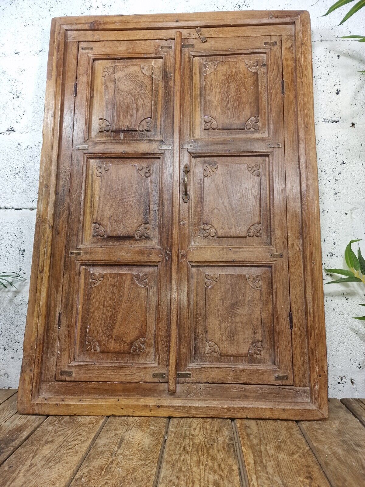 Large Antique Indian Colonial Solid Wooden Window Shutters Wall Garden Mirror photo for sale