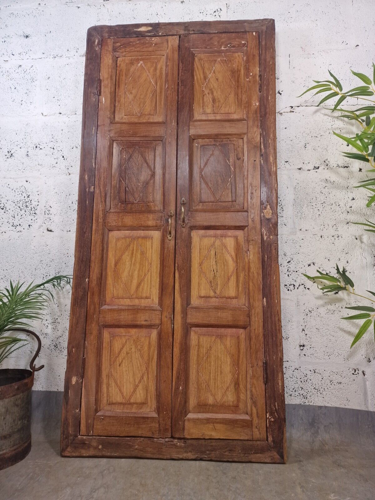 Large Antique Indian Colonial Solid Wooden Window Shutters Wall Garden Mirror photo for sale