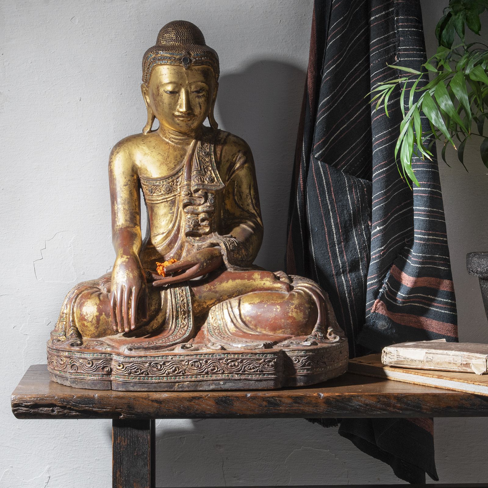 Antique Gilded Teak Burmese Sitting Buddha   19th Century