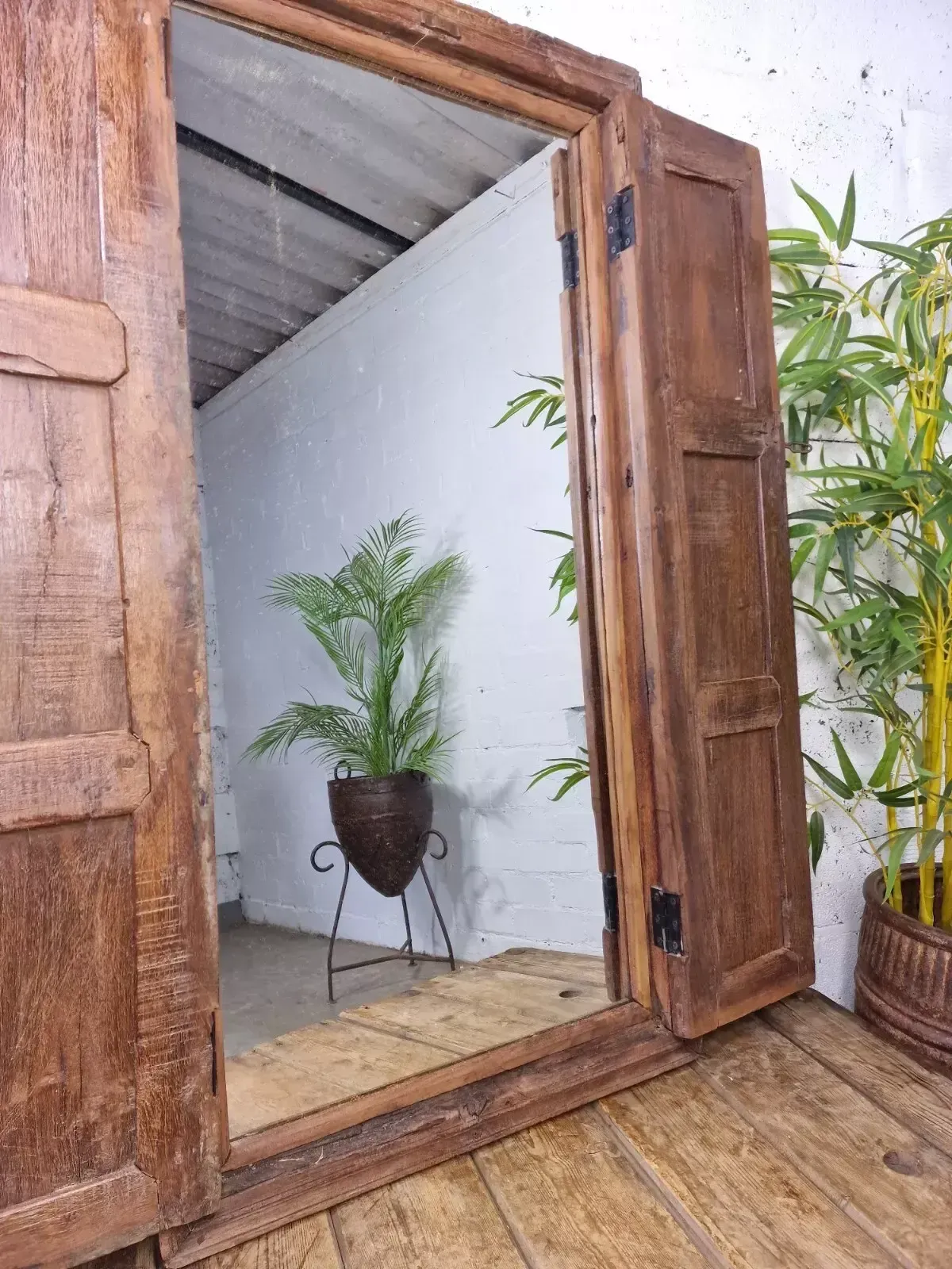 Large Antique Indian Colonial Solid Wooden Window Shutters Wall Garden Mirror photo vintage