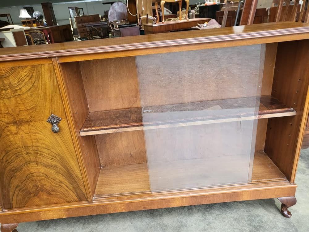 Vintage 20thc 1970's Walnut Low Bookcase Cabinet Shelves Glass Doors photo 295.0