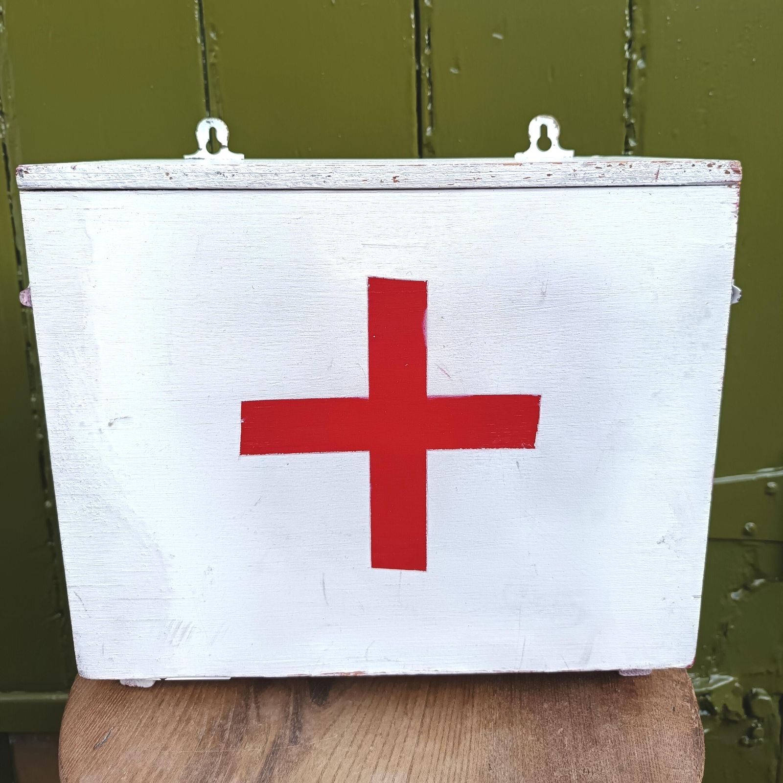 Vintage First Aid Cabinet, Handmade Small Wooden Box With Shelves. Unique Piece. Door Opens Down And Outwards.