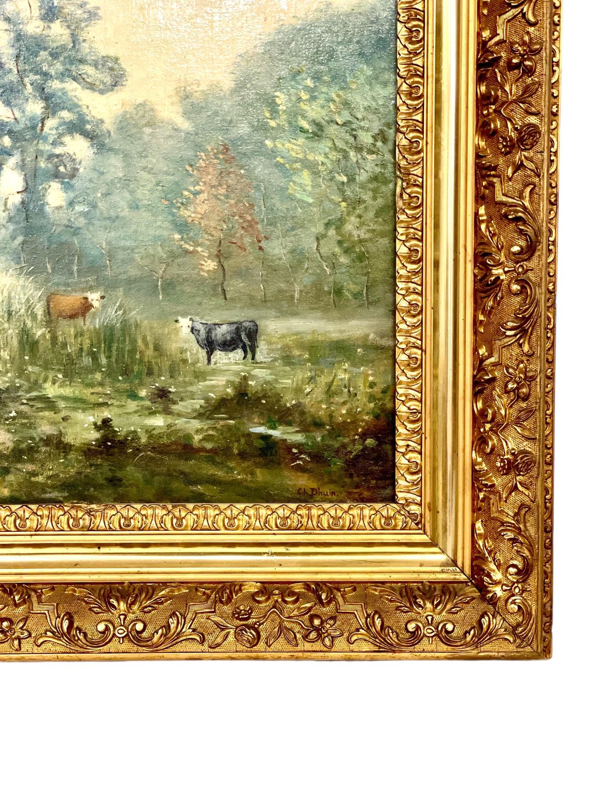 Large Oil On Panel 'The Cowherder By The Pond', By Charles Dhuin photo for sale