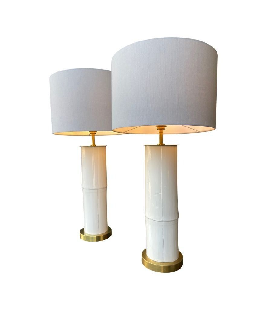 A Pair Of Ivory Lacquered Real Bamboo And Brass Lamps With Bespoke Linen Shades photo vinterior
