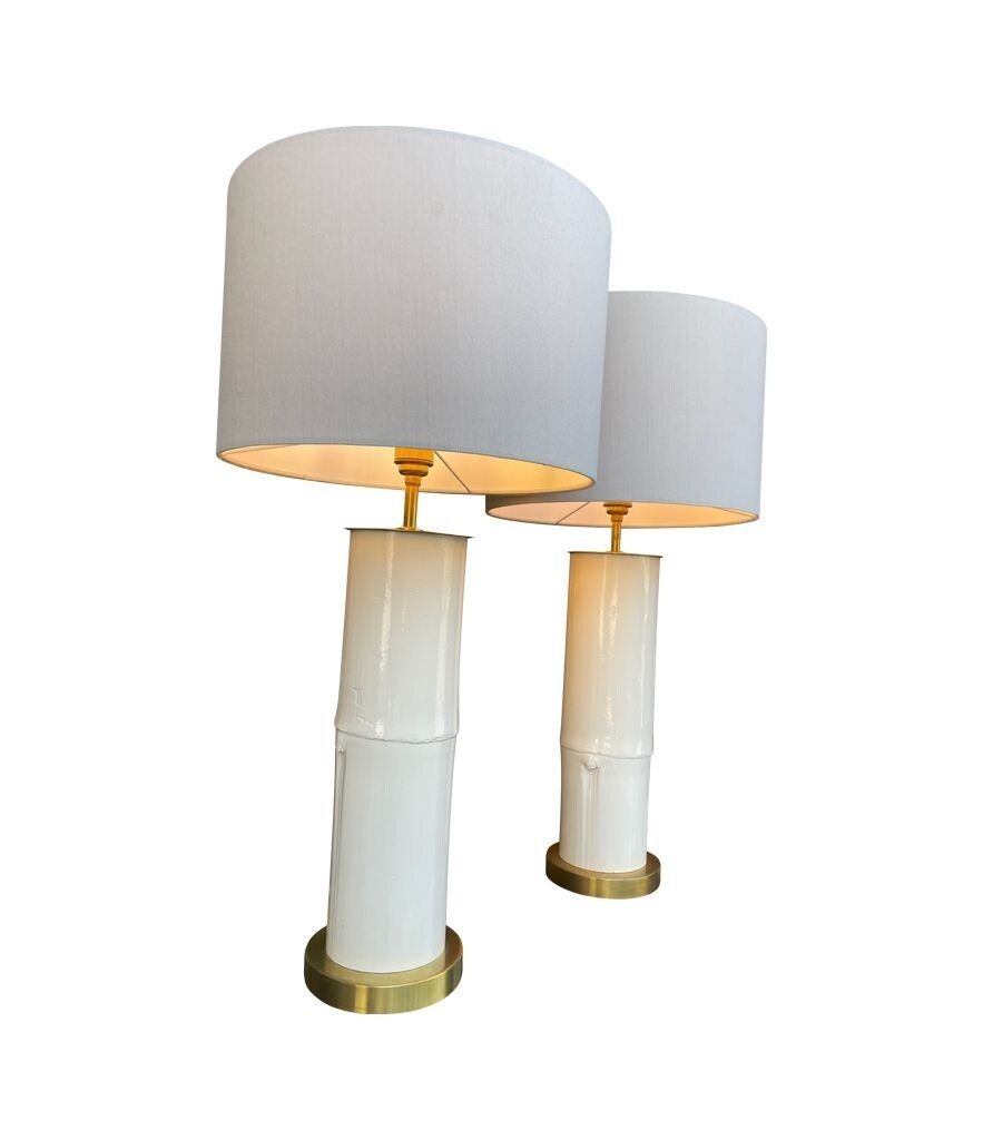 photo buy A Pair Of Ivory Lacquered Real Bamboo And Brass Lamps With Bespoke Linen Shades