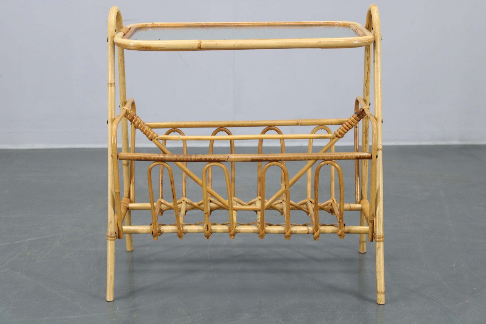photo for sale 1970s Rattan Newspaper And Magazine Stand With Glass Top, Italy