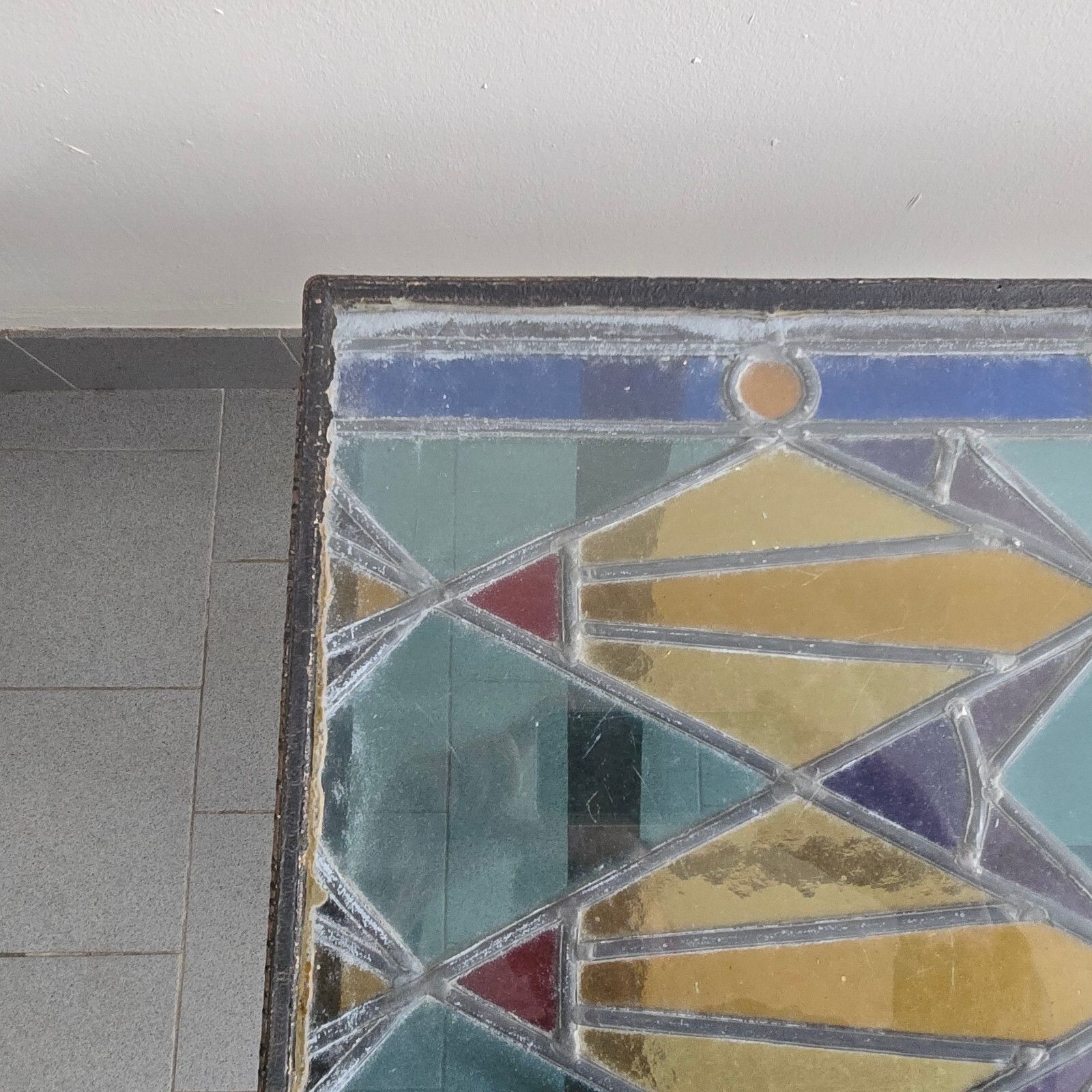 Vintage 1960s Brutalist Metal, Glass & Stained Glass Coffee Table 60s photo vintage