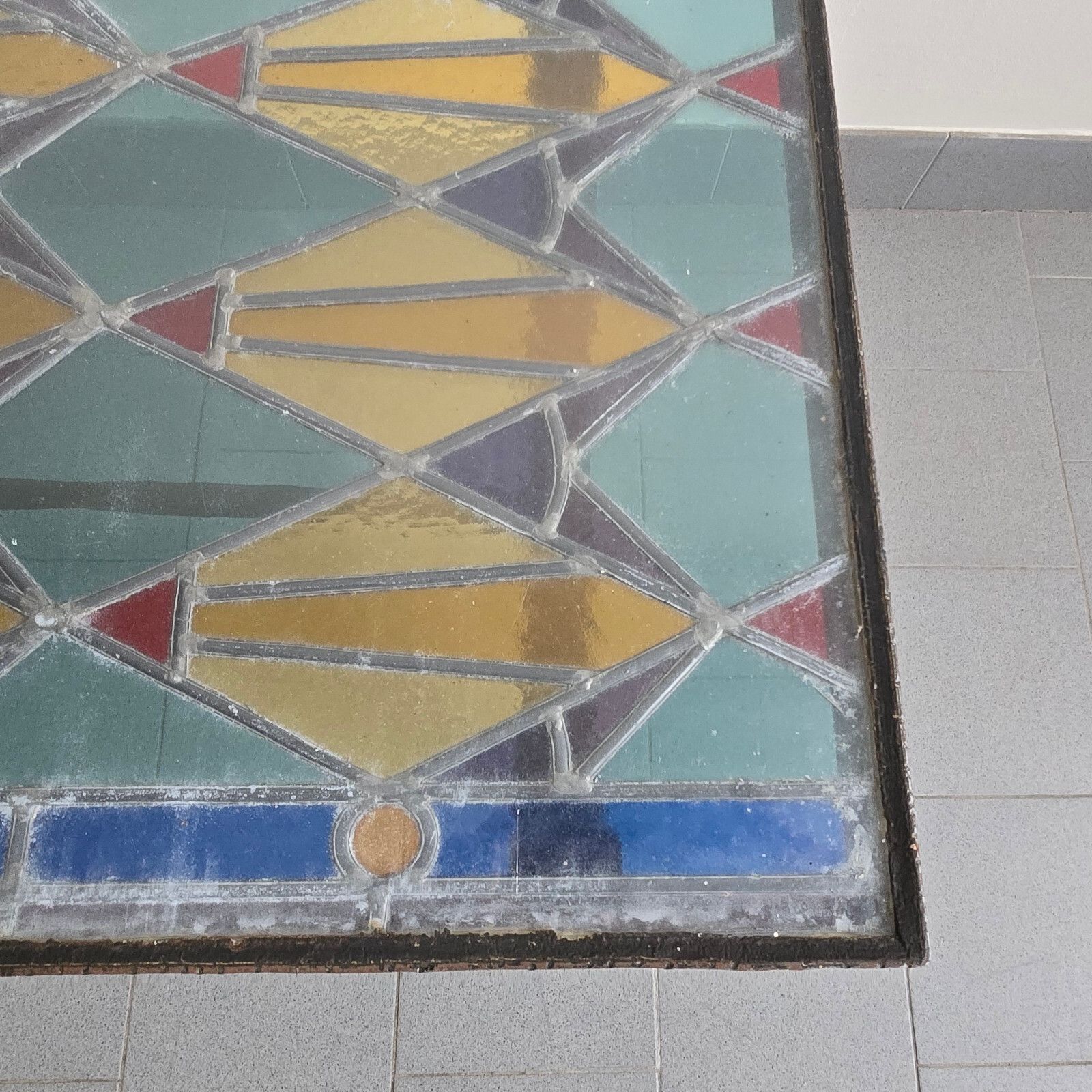photo for sale Vintage 1960s Brutalist Metal, Glass & Stained Glass Coffee Table 60s