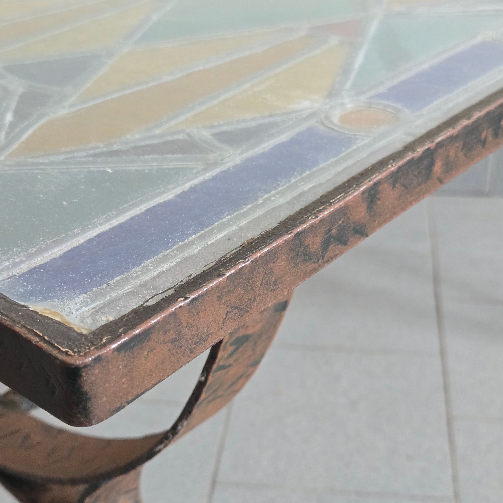 624.0 Vintage 1960s Brutalist Metal, Glass & Stained Glass Coffee Table 60s photo
