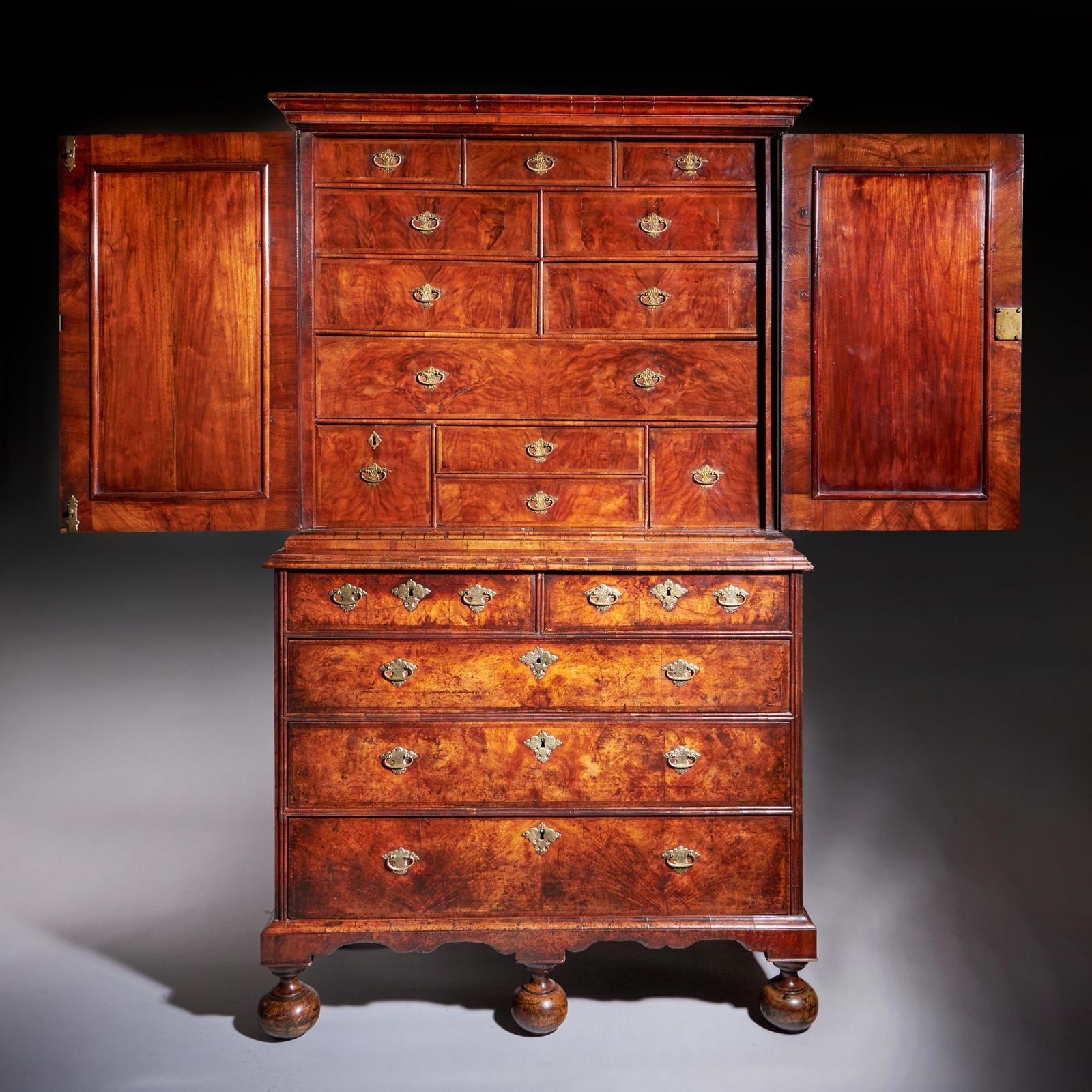 18th Century Queen Anne Burr Walnut Mirrored Cabinet On Chest, Circa 1705 1715 photo furniture