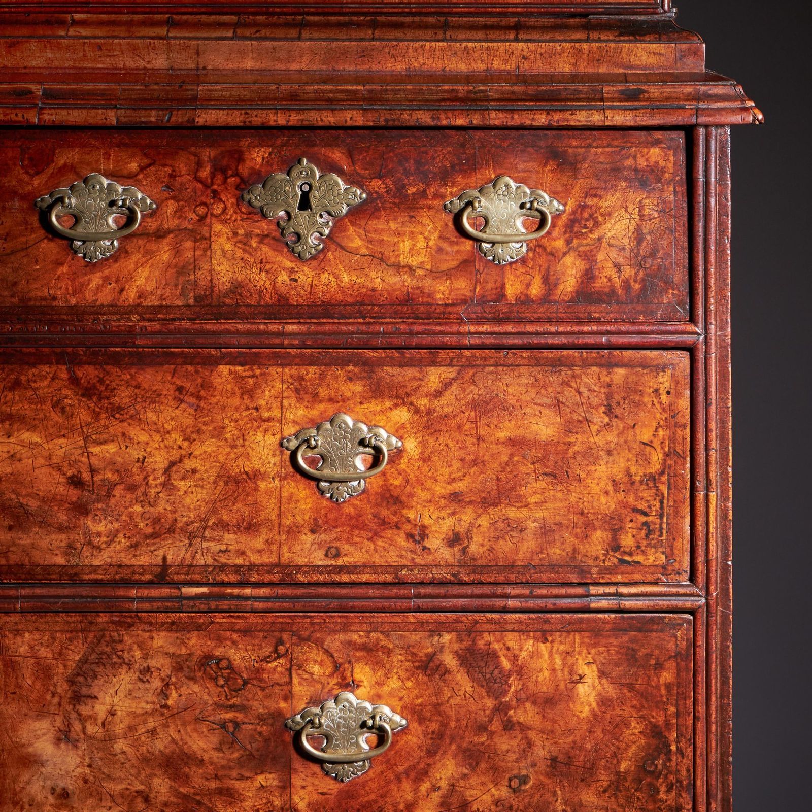 photo for sale 18th Century Queen Anne Burr Walnut Mirrored Cabinet On Chest, Circa 1705 1715