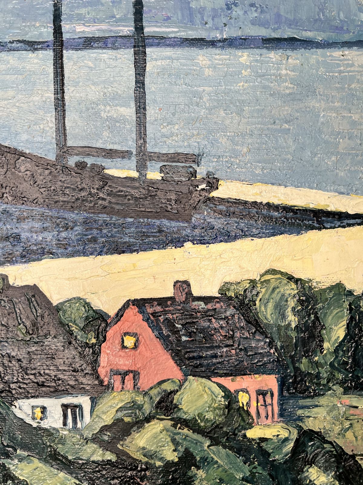 Coastal Landscape With Two Ships, Oil On Canvas Painting photo Art