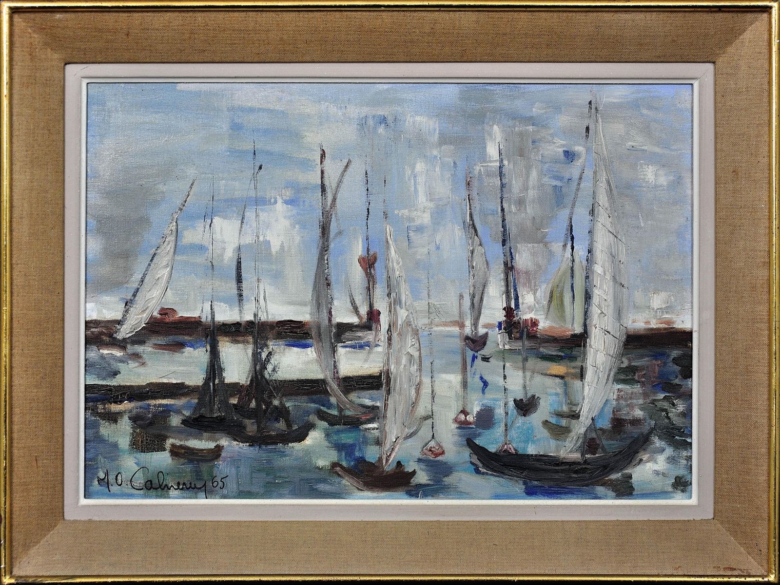 M.O. Cahierre. Post Impressionist French Art. Petit Port Du Havre,1965. Mid 20th Century Framed Oil On Canvas Painting.