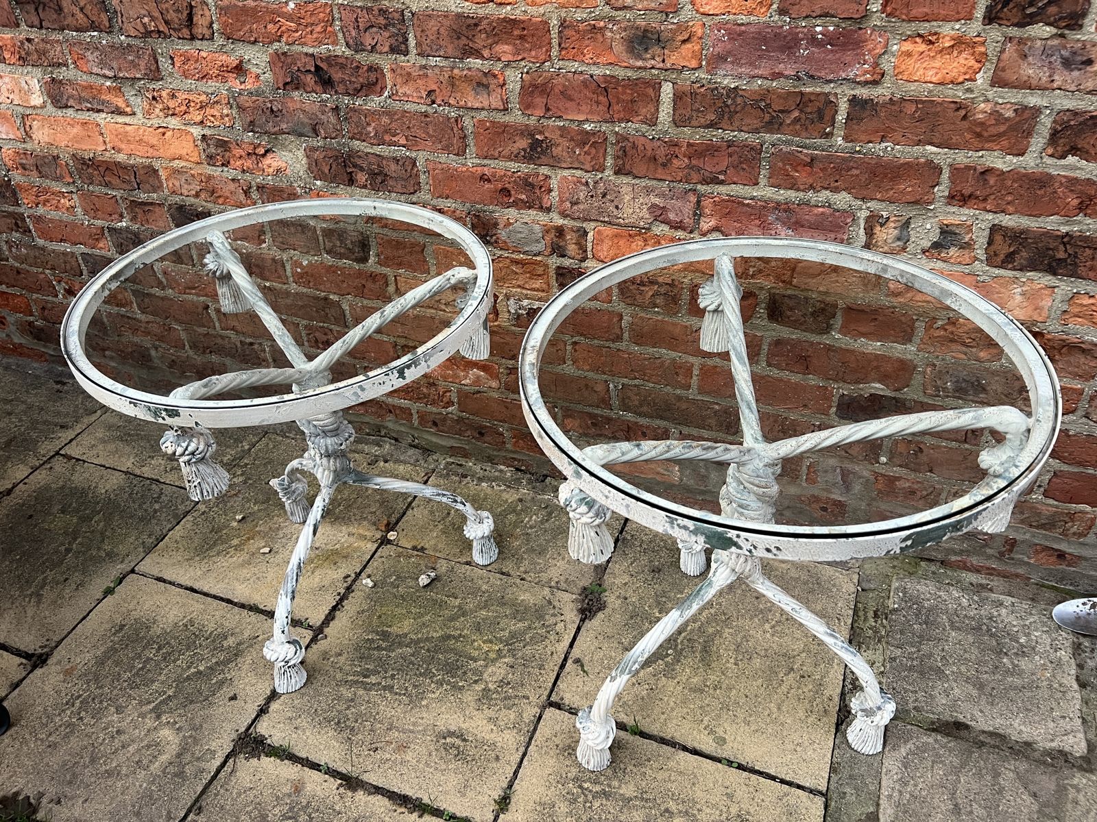 Pair Of Vintage Metal Rope Twist And Tassel Side Tables With Glass Top. photo furniture