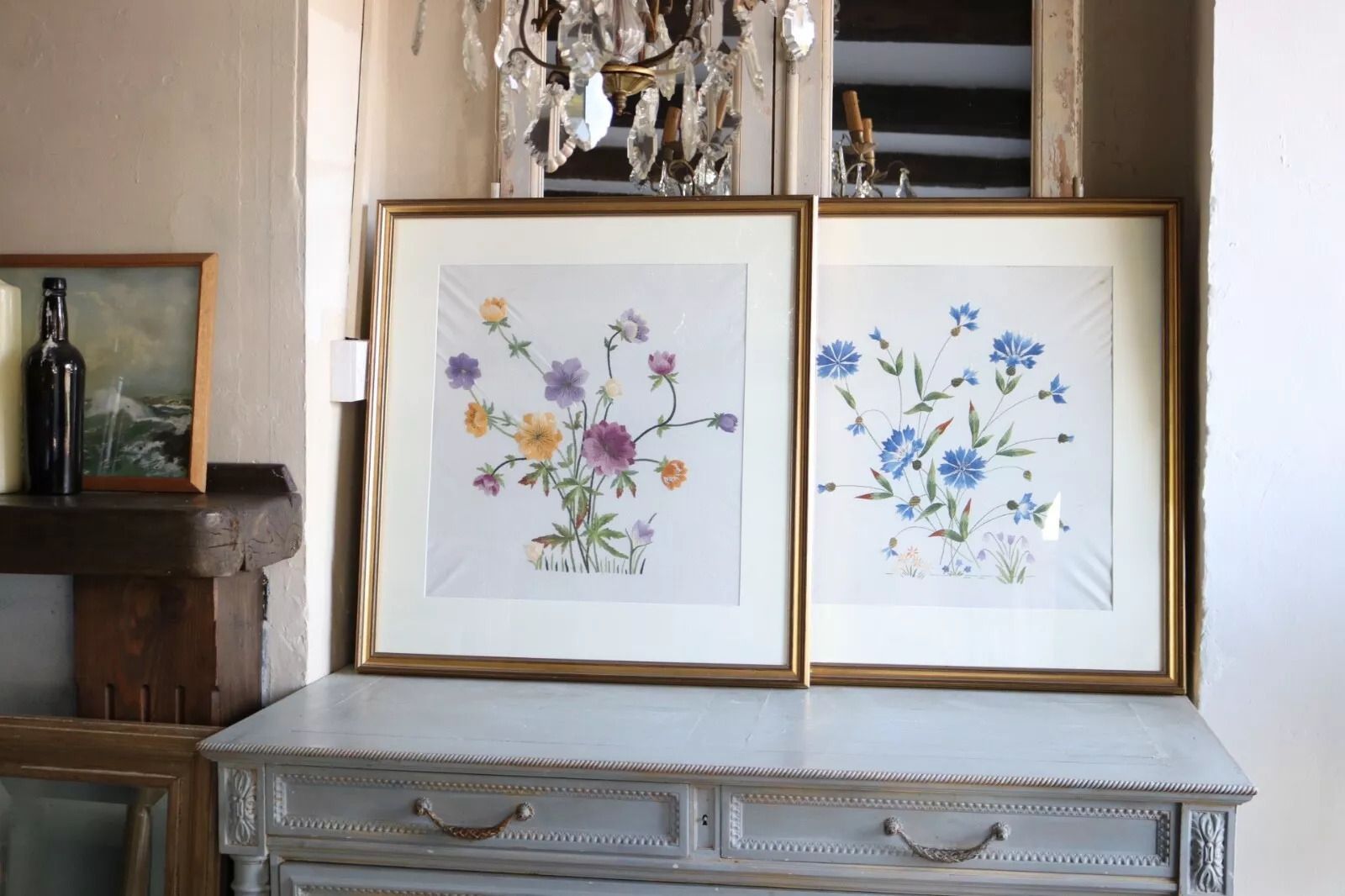 2 X Large Botanical Flowers Embroidery Pictures Framed photo for sale