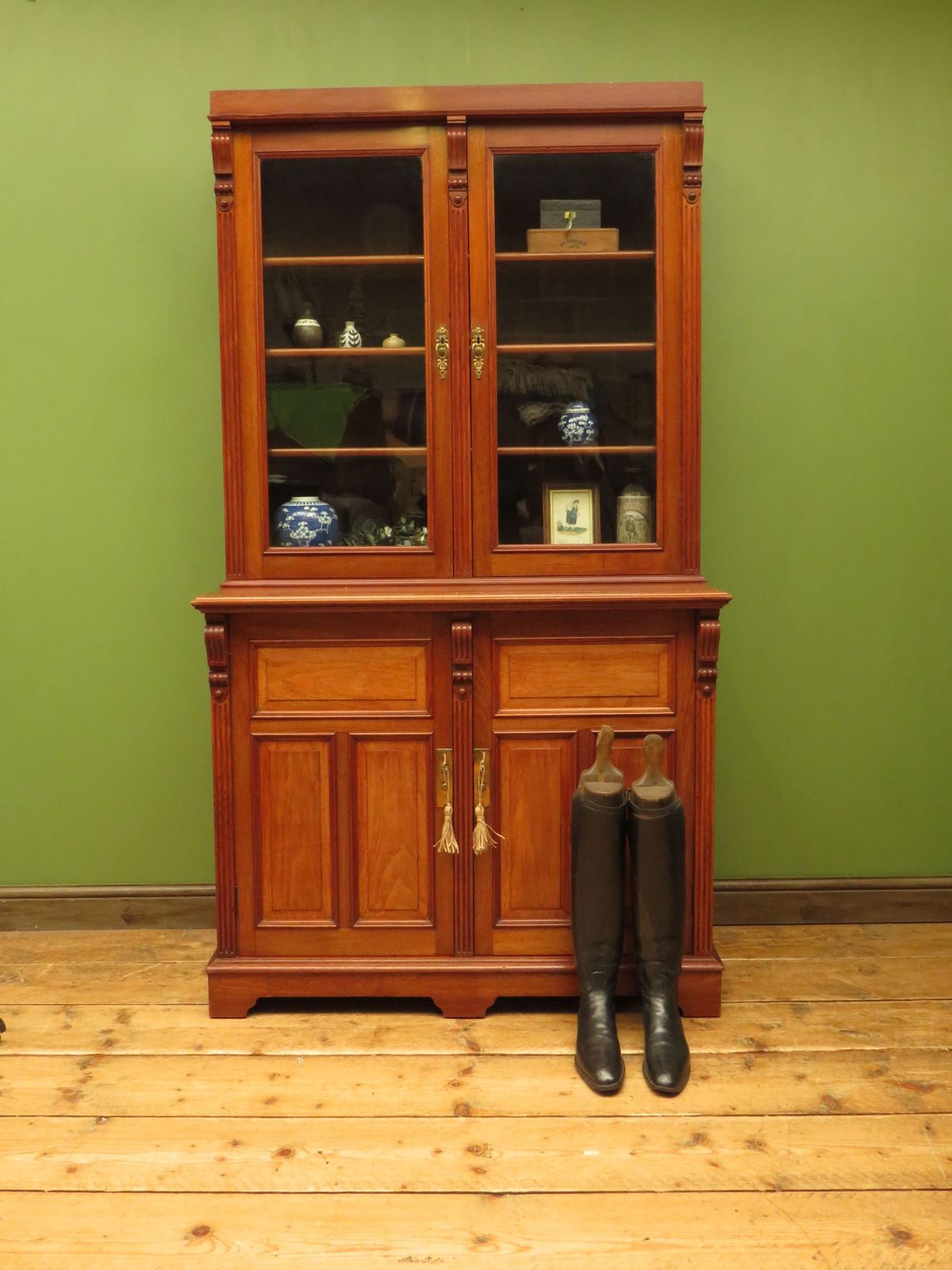 Antique Lockable Two Part Cabinet With Glazed Top