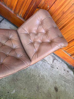 Set Of Mid Century Modern Brown Leather And Fabric Chairs, 1960s photo for sale