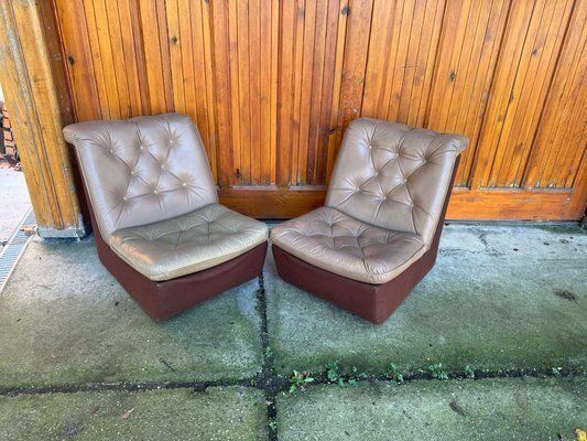 Set Of Mid Century Modern Brown Leather And Fabric Chairs, 1960s photo vintage