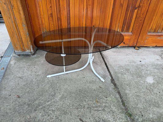 Coffee Oval Table With Metal Legs And Smoky Glass Top, 1990s photo vinterior