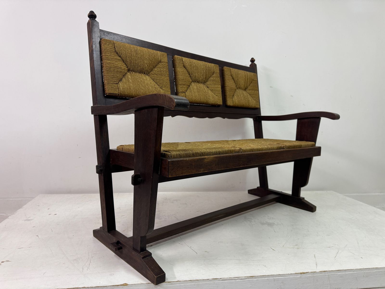 photo for sale 1950s French Rush Seat Bench In The Style Of Charles Dudouyt