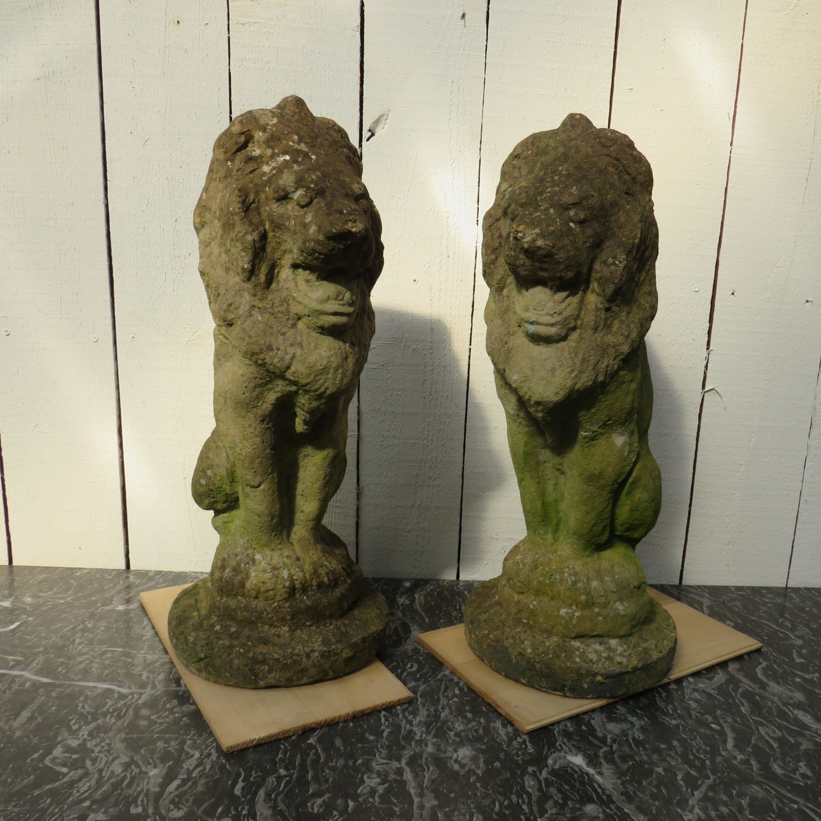 Pair Of Vintage English Stone Garden Lion Ornaments